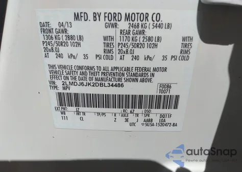 2013 Lincoln Mkx from USA, damaged, VIN 2LMDJ6JK2DBL34486